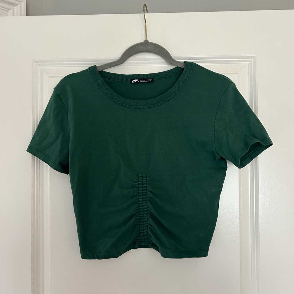 Zara Dark Green Ruched Short Sleeve Top